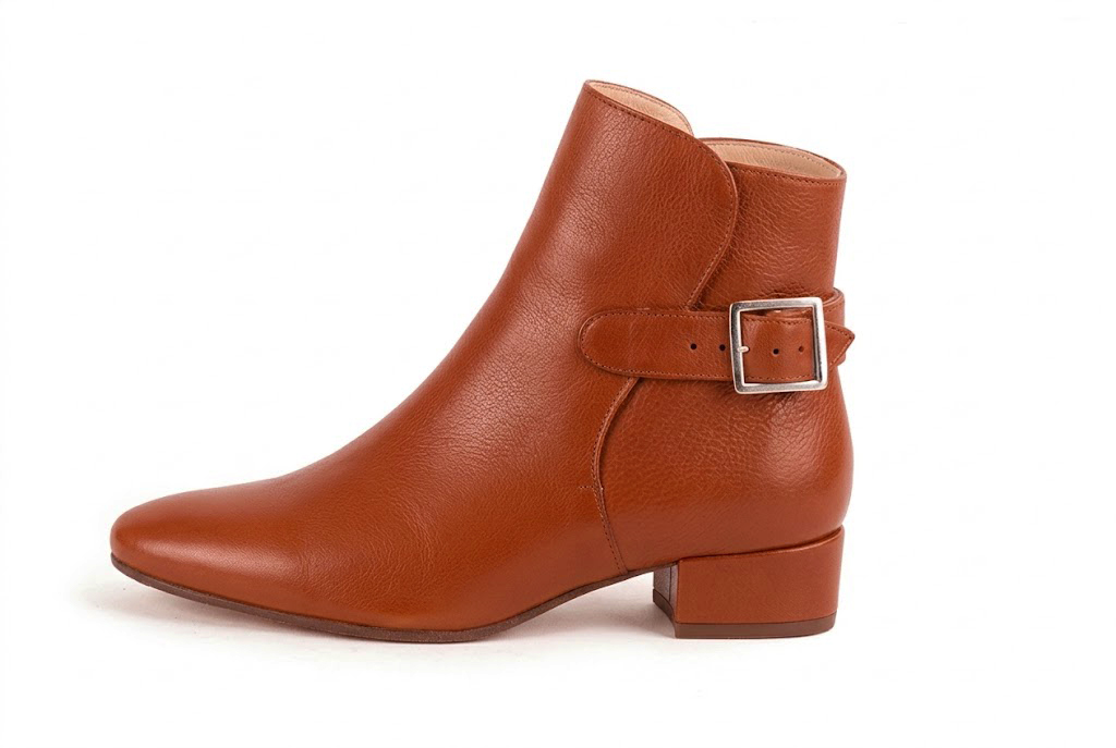 Sophisticated leather ankle boots detailed with an elegant back buckle and heel-strap finish for a distinct couture look, in terracotta leather with round toe and low block heel - Florence KOOIJMAN
